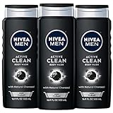Nivea Men DEEP Active Clean Charcoal Body Wash, Exfoliating Body Wash for Men with Natural Charcoal, 3 Pack of 16.9 Fl Oz Bottles