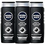 Nivea Men DEEP Active Clean Charcoal Body Wash, Exfoliating Body Wash for Men with Natural Charcoal, 3 Pack of 16.9 Fl Oz Bottles